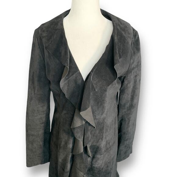 Scully Black Suede Ruffle Front Coat Genuine Leather Longline Duster Jacket - Picture 3 of 14